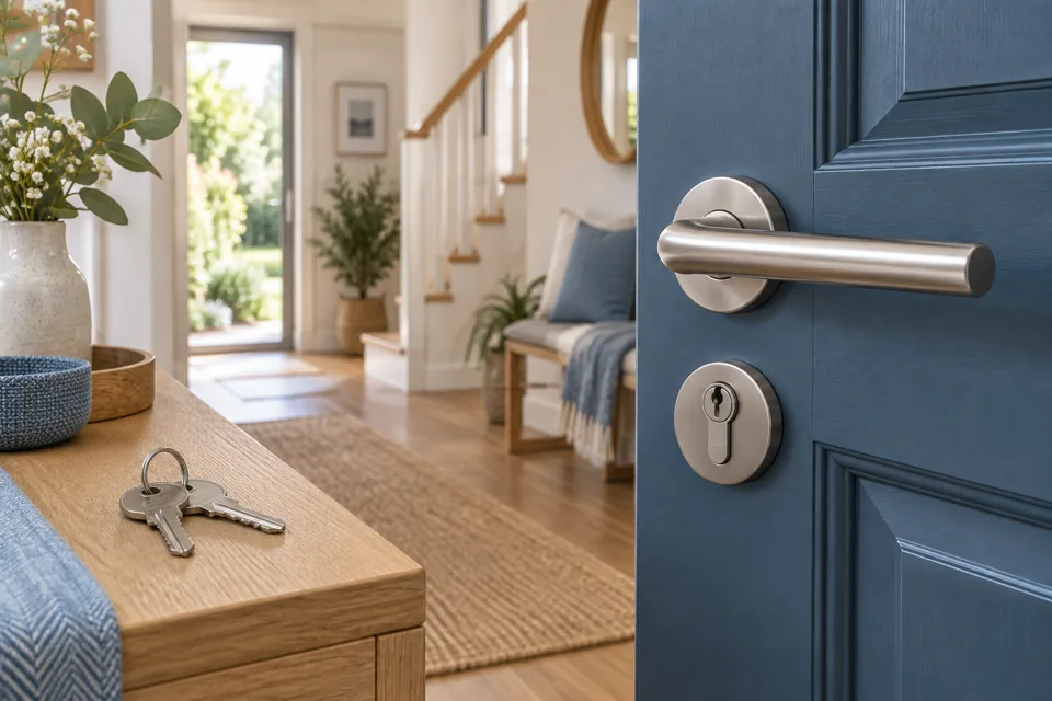 Illustration d’une porte bleue avec poignée, cylindre et clés